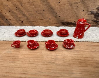 Rote Vintage Miniatur Puppenhaus Emaille gesprenkelte Camping Essen Set 16tlg