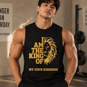 Alpha Mindset Tank Tee - Iam King Muscle Shirt, Cool Gym Tank Top, Lion Motivational Workout Tee
