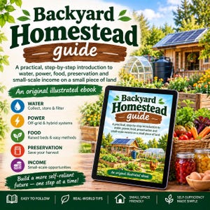May include: A digital tablet displays the Backyard Homestead guide ebook cover, featuring a garden scene with a cabin, greenhouse, and chicken. The text outlines topics including water, power, food, preservation, and income for self-reliant living.