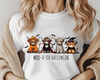 Funny Highland Cow Moo-d for Halloween, Funny Halloween T-shirt Design, Halloween Animal Set Png