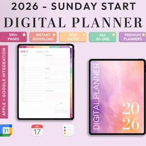 May include: Digital planner for 2026 with a Sunday start. The image shows two tablets, one displaying a calendar layout and the other with a watercolor design and the numbers 2026. Features include Apple and Google integration, instant download, and over 590 pages.