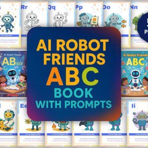 May include: A collection of colorful children's books titled "AI Robot Friends ABC Book with Prompts." The books feature robot illustrations and the alphabet. The cover displays the text "58 Pages."
