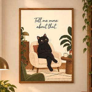Peut inclure: Une impression d'art mural encadrée représentant un chat noir portant des lunettes, assis dans un fauteuil beige les jambes croisées. Le texte "Tell me more about that." est imprimé au-dessus du chat. La scène inclut une table, une lampe et une plante.
