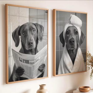Op de afbeelding: Set van twee ingelijste zwart-wit prints met een Weimaraner hond. Eén print toont de hond die een krant leest, de andere de hond in een badjas en handdoek. Beide prints zitten in lichte houten frames.