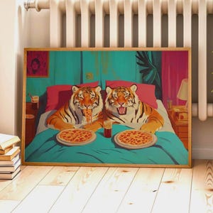 Lustige Tiger Pizza Wand Kunst, Maximalist Schlafzimmer Dekor Druck, Buntes Tier Poster, Meme Style Kunstwerk, Funky Wohndekor