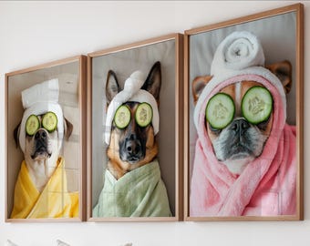 May include: Three framed prints featuring dogs in spa attire. Each dog wears a towel on its head and cucumber slices over its eyes. One dog is wrapped in a yellow robe, another in a green robe, and the third in a pink robe.