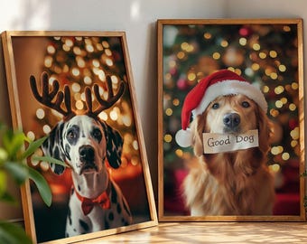 Op de afbeelding: Twee ingelijste prints met honden in feestelijke kleding. Eén print toont een Dalmatische hond met rendiergewei en een rode vlinderdas. De andere toont een Golden Retriever met een kerstmuts en een bord met de tekst "Good Dog".
