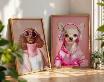 Aangepaste roze mode hondenportret gepersonaliseerde glamour huisdier kunstwerk trendy huisdier muurkunst