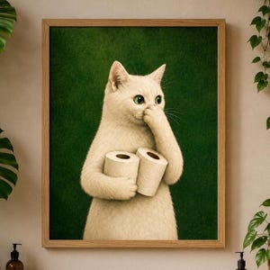 Könnte beinhalten: Ein gerahmter Kunstdruck, der eine helle Katze mit grünen Augen zeigt, die zwei Rollen weißes Toilettenpapier hält. Die Katze hat eine Pfote an die Nase gehoben, und der Hintergrund ist ein einfarbiges, strukturiertes Dunkelgrün in einem Holzrahmen.