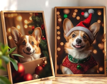 Op de afbeelding: Twee ingelijste prints met een Corgi-hond. Eén print toont de hond in een doos met kerstversiering. De andere print toont de hond met een kerstmuts en feestelijke kraag, tegen een bokeh-achtergrond.