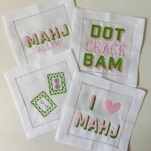Mahjong Cocktail Napkins - Embroidered Mahjong Napkins - Linen Cocktail Napkins - Mahjong Gift - Mahjong Hostess Gift