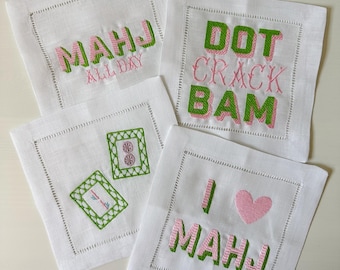 Mahjong Cocktail Napkins - Embroidered Mahjong Napkins - Linen Cocktail Napkins - Mahjong Gift - Mahjong Hostess Gift
