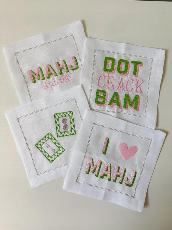 Mahjong Cocktail Napkins - Embroidered Mahjong Napkins - Linen Cocktail Napkins - Mahjong Gift - Mahjong Hostess Gift