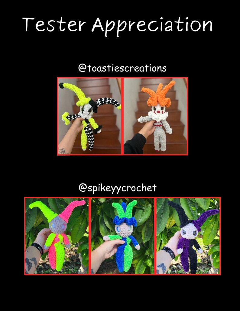 Pu&ograve; includere: L'immagine mostra diverse bambole all'uncinetto fatte a mano. Le bambole hanno un tema giullare, con colori vivaci come verde, rosa, blu e viola. Il testo "Tester Appreciation" e i nomi utente @toastiescreations e @spikeycrochet sono anch'essi visibili.