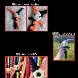 Pu&ograve; includere: L'immagine mostra diverse bambole all'uncinetto a tema giullare. Le bambole presentano un viso bianco, abiti neri e arancioni o rosa e neri e un cappello alto e a punta. &Egrave; visibile anche il testo "Tester Appreciation" e gli handle dei social media.