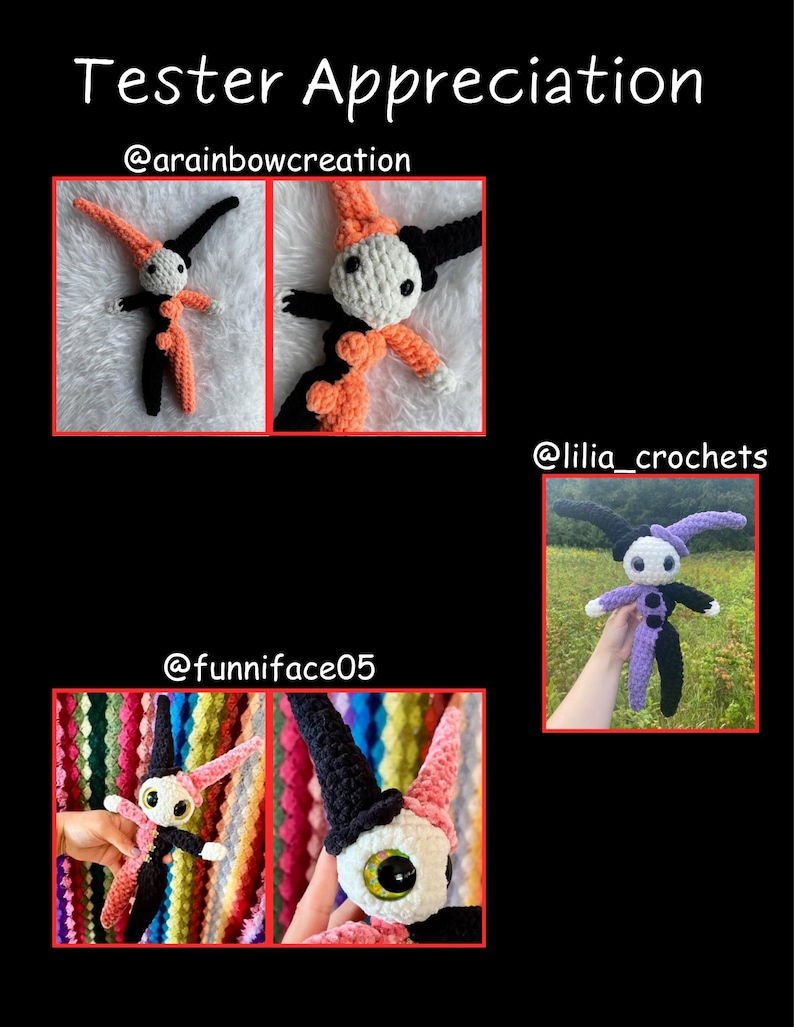 Pu&ograve; includere: L'immagine mostra diverse bambole all'uncinetto a tema giullare. Le bambole presentano un viso bianco, abiti neri e arancioni o rosa e neri e un cappello alto e a punta. &Egrave; visibile anche il testo "Tester Appreciation" e gli handle dei social media.