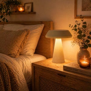 Peut inclure: Une lampe de chevet moderne, de couleur crème, avec une base conique et un dessus plat et circulaire. La lampe est allumée, dégageant une lueur chaleureuse. Elle est posée sur une table de chevet en bois, à côté d'un vase de fleurs et d'une bougie allumée.