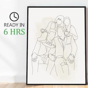May include: A black and white line drawing of a family of five. The father is sitting with his arms around two daughters, while the other two daughters are standing behind him. The drawing is on a white background with a light green watercolor wash.