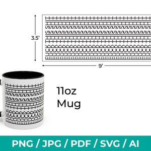 May include: An 11oz mug with a black handle and interior, featuring a repeating black and white geometric pattern. The design includes lines, zigzags, and other shapes. The image also shows a 3.5-foot by 9-foot graphic of the pattern.