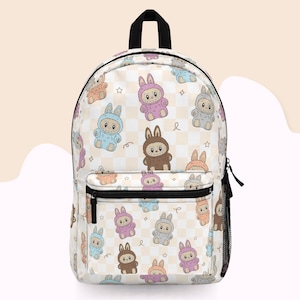 Personalized Labubu Backpack: Kawaii Gingham Kids Back-to-School Bag