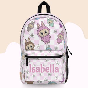 Labubu Backpack for Kids, Pink School Tote Bag Kawaii Bag Gingham Back to School Gift, La Bubu Kindergarten Back Pack Grandkid for Girls