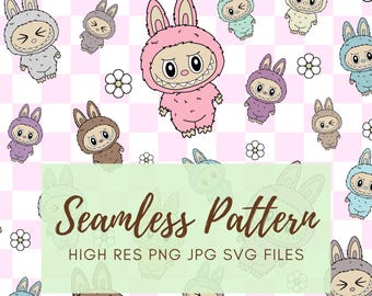 Labubu Monsters Seamless Pattern PNG JPG SVG, Labubu Sublimation, Repeating Pattern, Labubu Surface Pattern For Blanket Digital Download