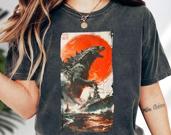 Godzilla Ocean Moon Shirt, Kaiju Warship Tee, Funny Japanese Hoodie, Dinosaur Sweatshirt, Godzilla Fan Gift