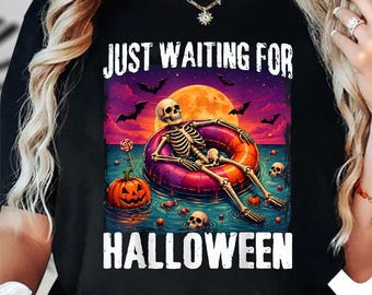 Just Waiting For Halloween Skeleton Pool Float Shirt, Funny Halloween Gothic Hoodie, Spooky Relaxing Sweatshirt, Witchy Meme Tee
