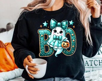 Boo Ghost Pumpkin Print T-Shirt (Not Real Gilter), Halloween Gothic Shirt, Witchy Cute Hoodie, Blink Pastel Sweatshirt, Fall Gift