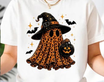 Spooky Ghost Leopard Shirt, Retro Halloween Witch Tee, Funny Halloween Hoodie, Spooky Season Sweatshirt, Cute Fall Gift