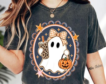 Spooky Ghost Bow Iced Coffee Shirt, Comfort Colors Halloween Tee, Retro Ghost Sweatshirt, Cute Fall Graphic Hoodie, Pumpkin Season Gift