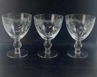 Vintage Set Of 3 Floral Etched Ball Stem Sherbet Clear Glasses