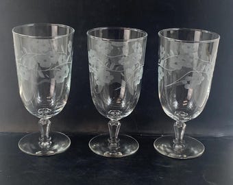 Vintage Set of 3 Libbey Glenmore Collection Floral Etched Iced Tea Glasses