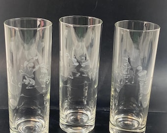 Vintage Peruvian Scene Etched Tall Tumbler/High Ball Glasses Set of 3