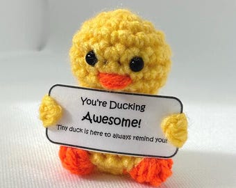 May include: A small yellow crocheted duck holding a sign that says "You're Ducking Awesome! Tiny duck is here to always remind you!"