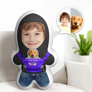 Cojín portabebés morado personalizado con dos caras, muñeco con foto personalizado, regalo para amantes de las mascotas.