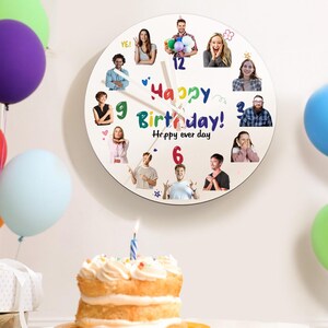May include: A white round clock with a colourful Happy 9th Birthday! inscription and photos of people around the clock face. The clock has a black hand and a black second hand.