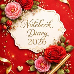 May include: A red notebook with the text "Notebook Diary 2026" is surrounded by red and pink roses, green leaves, and gold ribbons. A gold pen rests on the bottom right corner. The background is a vibrant red.