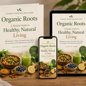 Könnte beinhalten: Ein gebundenes Buch, ein Tablet und ein Smartphone mit dem Titel Organic Roots: A Simple Guide to Healthy, Natural Living. Die Cover zeigen Schalen mit Kichererbsen, Blaubeeren, Ingwer, Zitrone und ein Glas mit grünem Saft.