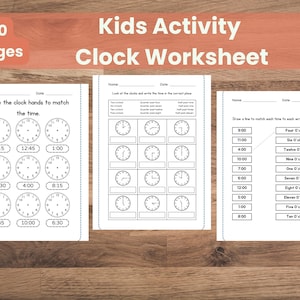 Op de afbeelding: Een klokwerkblad voor kinderen met 10 pagina's. De werkbladen bevatten oefeningen om wijzers te tekenen, de tijd te schrijven en tijden te matchen met geschreven woorden. De pagina's zijn wit met zwarte tekst en klokillustraties.