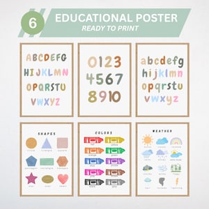 Educational Posters Set: Alphabet, Numbers, Colors, Shapes - Nursery Decor (6 PDF)