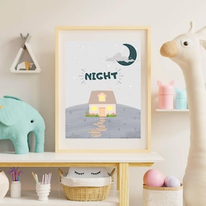 Arte de pared acogedor para la noche: noche estrellada imprimible, póster de casa de ensueño, descarga digital, decoración de luna soñolienta, impresión nocturna para guardería