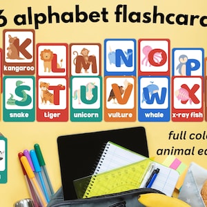 Flashcards do alfabeto de animais de A a Z, cartões educativos para crianças pequenas, Flashcards do alfabeto, alfabeto de cores para crianças, cartões Montessori, download digital