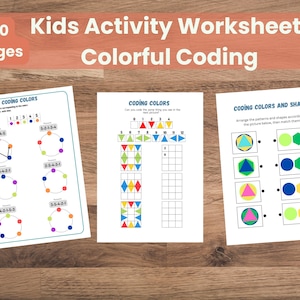 May include: Three children's activity worksheets with colourful coding exercises. The worksheets feature geometric shapes, colour matching, and number sequences. The top of the image reads "20 Kids Activity Worksheets Pages Colorful Coding."