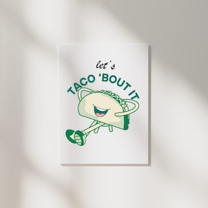 Funny Taco Printable Decor: Retro Kitchen Wall Art, Food Pun Poster, Let&#39;s taco bout it, perfect for restaurant or kitchen, Digital Download
