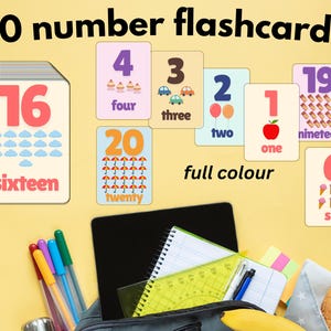 Number Flashcards 1-20 for Kids Printable, Counting Cards with Cute Illustrations,  Educational Activity, Printable number flashcards,