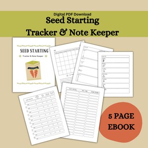 Könnte beinhalten: Ein fünfseitiges digitales druckbares E-Book mit dem Titel "Seed Starting Tracker & Note Keeper". Das Cover zeigt eine Cartoon-Illustration einer braunen Papiertüte mit Karotten darin. Das E-Book soll Gärtnern helfen, ihre Saatgut-Startphase zu verfolgen.
