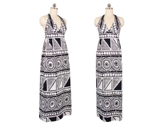 Vintage 1980's Malia Honolulu B/W Halter Dress w/G