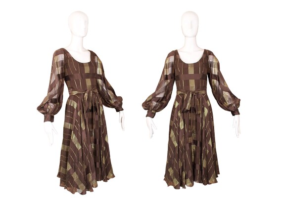 Vintage 1970's Ruben Panis L/S Brown Dress w/Gold