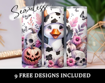 May include: Three seamless tumbler designs featuring a Halloween theme. One tumbler has a cartoon duck in a cow costume, the other two have pumpkins, skulls, butterflies, and flowers. The text "Seamless" and "9 FREE DESIGNS INCLUDED" are also visible.